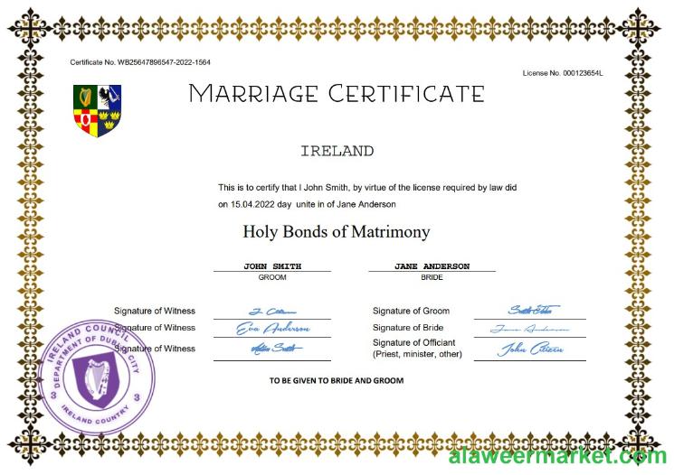 Ireland marriage certificate Word and PDF template